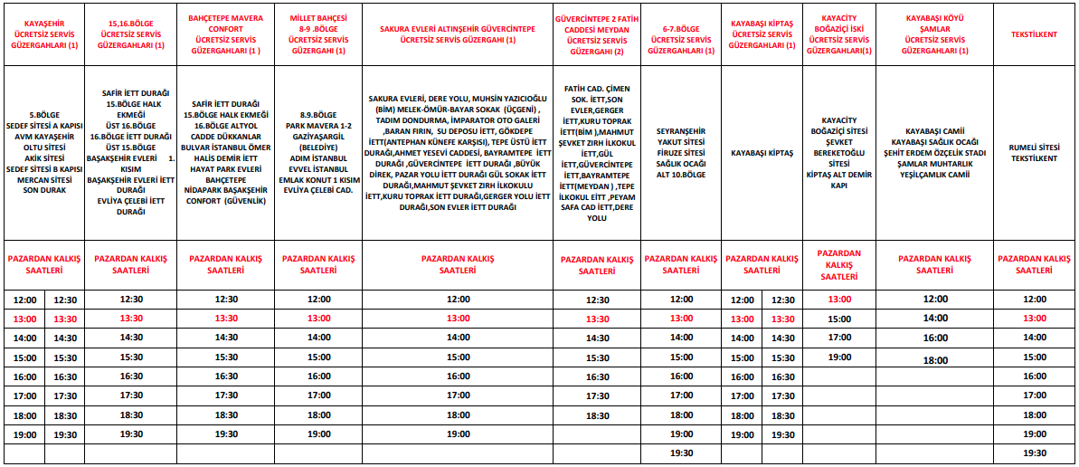 Kayaşehir Pazarı Servis Saatleri